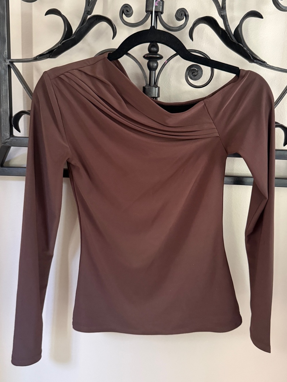Babaton Brown Long-Sleeve Draped Neck Top